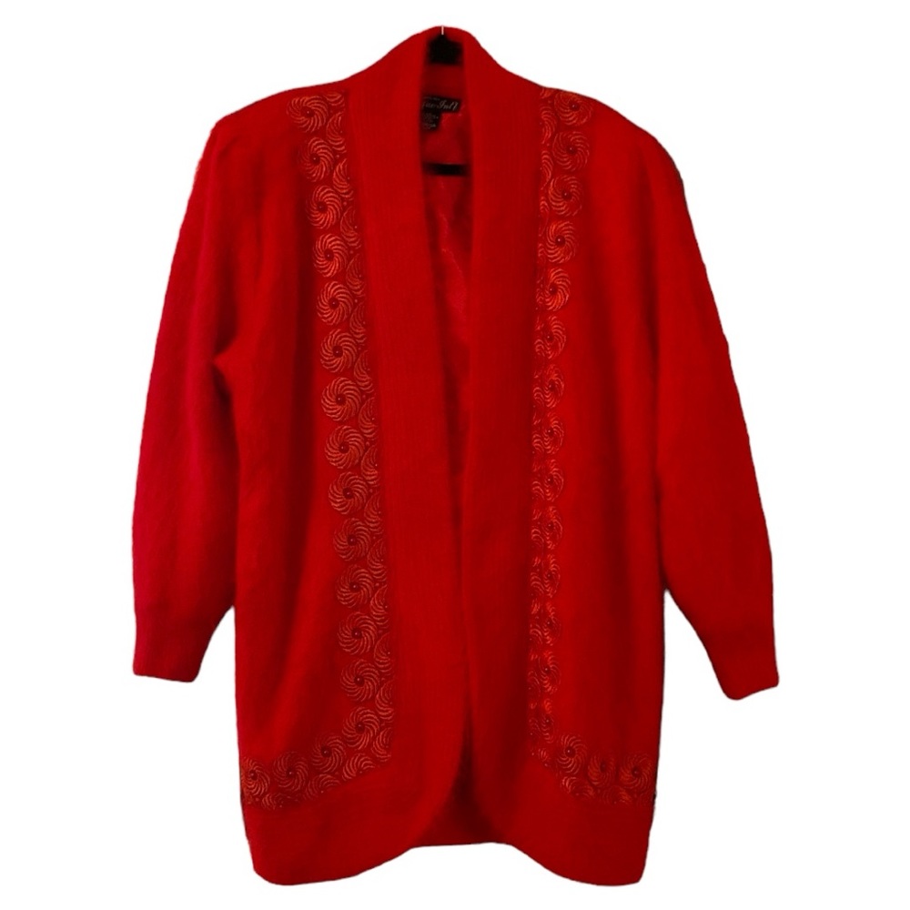 Unique Intl’ Vintage Red Angora Wool Beaded Open Front Cardigan Sweater Jacket